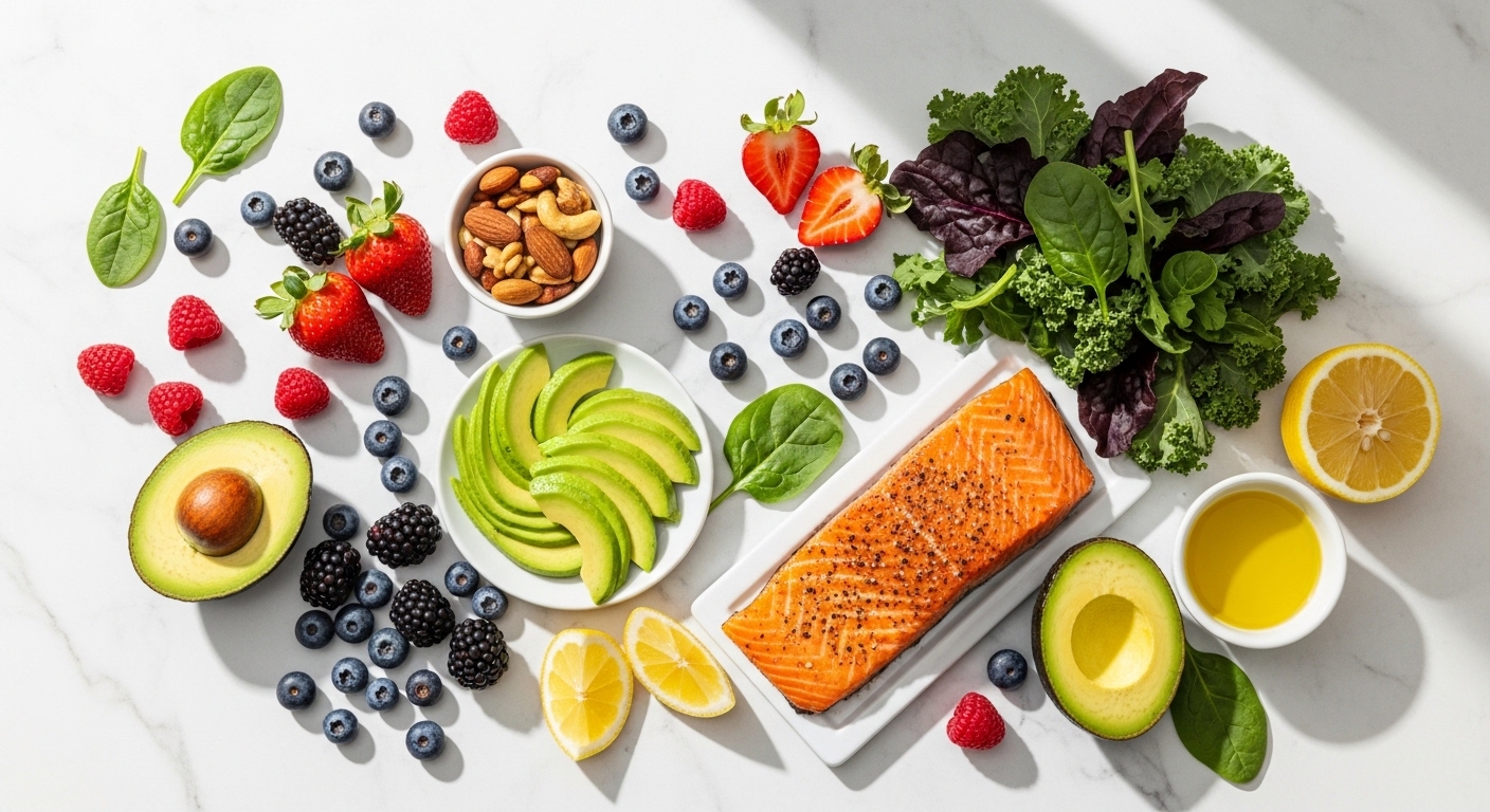 Một bữa ăn lành mạnh với các loại thực phẩm giàu chất chống oxy hóa như quả mọng, rau lá xanh và cá béo, giúp nuôi dưỡng da từ bên trong.