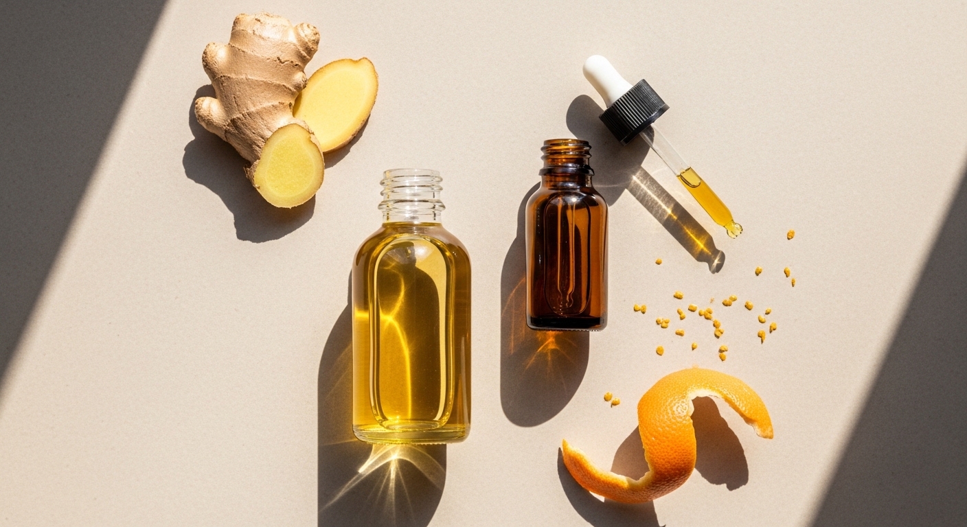 Sự Thật về Massage Giảm Mỡ Bụng: Cơ Chế Khoa Học & 5 Bước Đúng 7 Chai dầu massage đặt cạnh các nguyên liệu thiên nhiên như gừng và bưởi, tượng trưng cho việc lựa chọn dầu có thành phần hoạt tính.