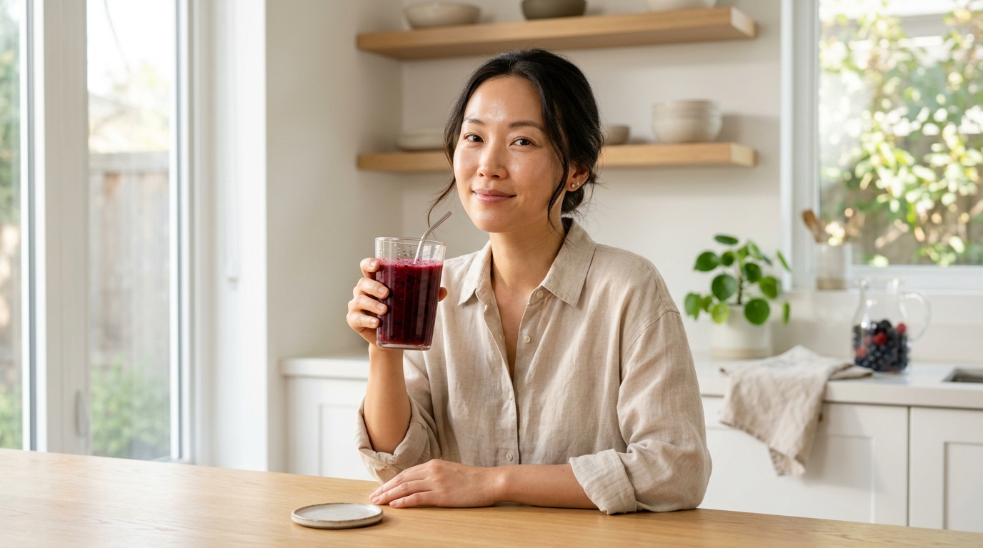 Một phụ nữ có làn da khỏe mạnh đang thưởng thức một ly nước ép trẻ hóa da, minh họa cho lợi ích của việc uống nước ép đúng cách.