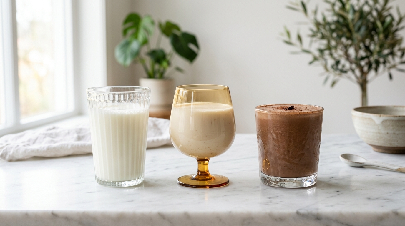 So sánh sự khác biệt về giá trị dinh dưỡng của sữa tươi nguyên bản sữa hạt và whey protein đối với vóc dáng.