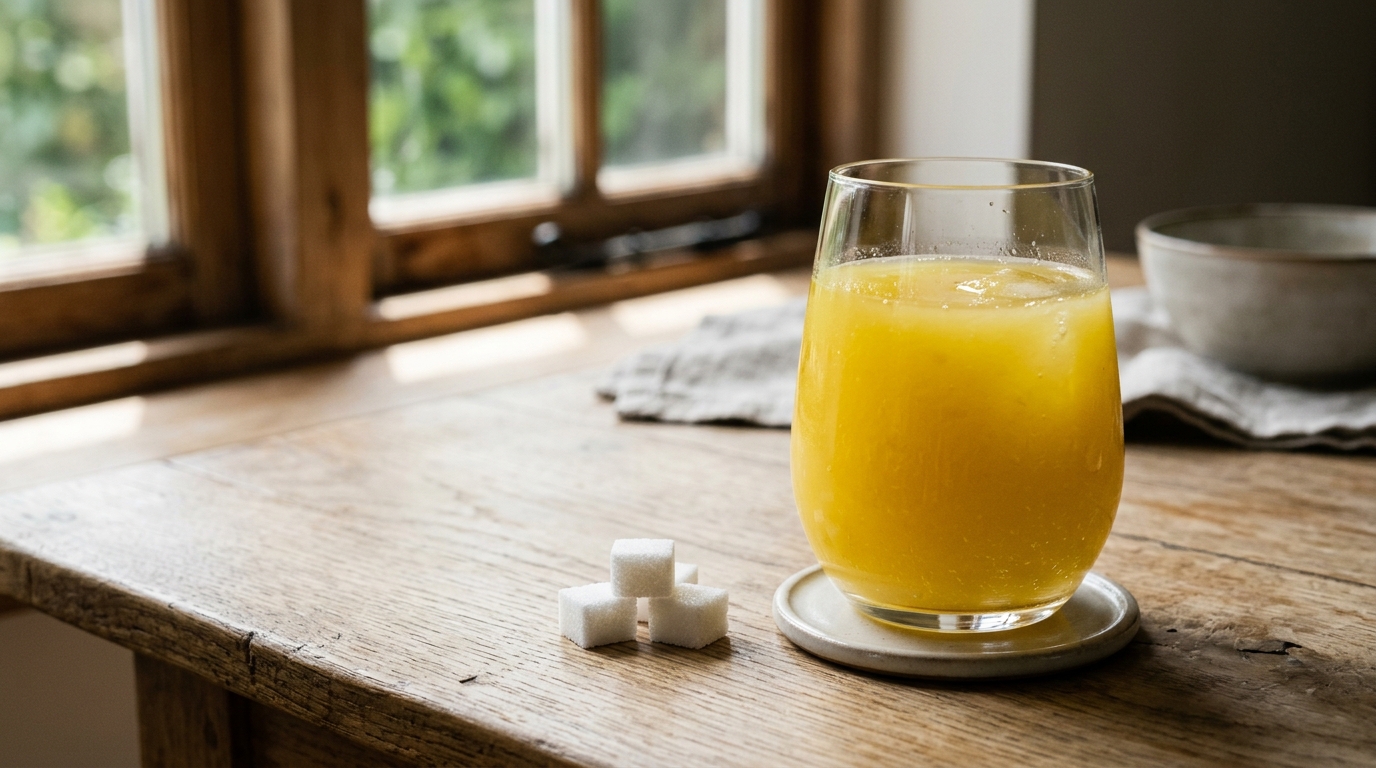 3 Công thức nước ép trẻ hóa da: Khoa học sau làn da căng bóng 6 Một ly nước ép trái cây có đường cao được đặt cạnh vài viên đường, minh họa cho sai lầm chọn sai loại quả gây lão hóa.