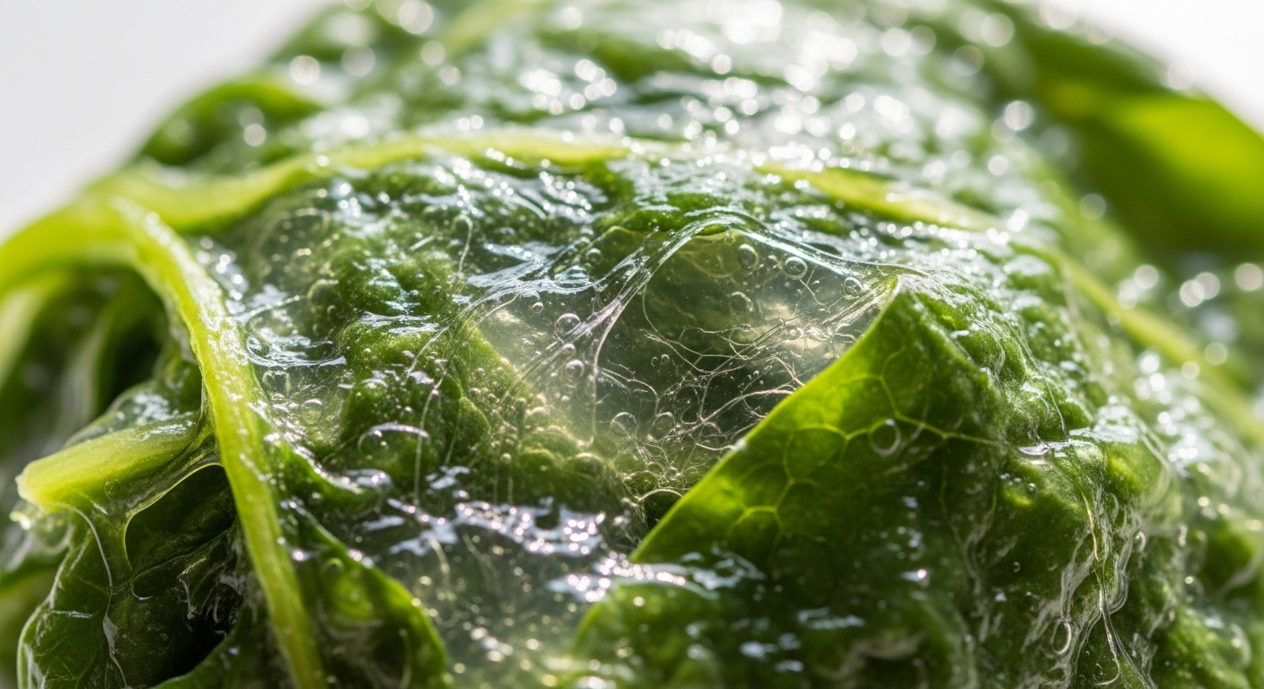 Hình ảnh macro cho thấy kết cấu gel và chất nhầy của lá mồng tơi khi được vò nát, tượng trưng cho polysaccharide.