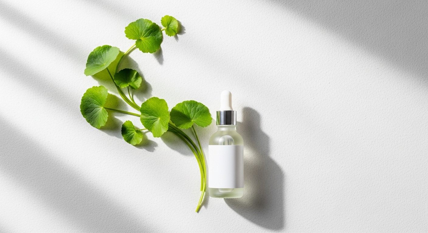 Lá rau má làm đẹp da được đặt cạnh một lọ serum tinh chất, minh họa cho việc ứng dụng thành phần thiên nhiên vào mỹ phẩm.