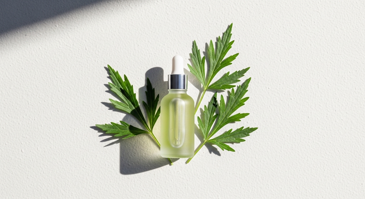 Cận cảnh lá ngải cứu tươi và một chai serum tinh chất ngải cứu làm đẹp da được bài trí trên nền sáng tối giản.