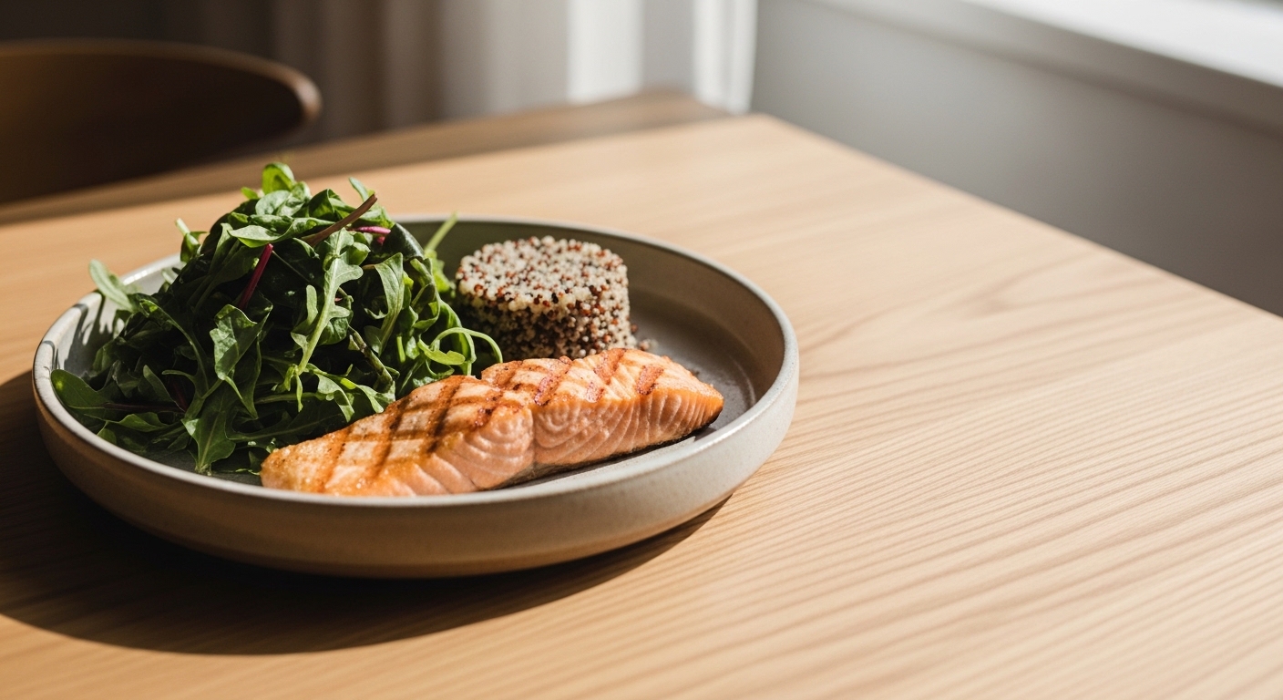 Đĩa thức ăn chuẩn khoa học gồm rau lá xanh thẫm, cá hồi áp chảo và một chút tinh bột tốt giúp kiểm soát cân nặng.