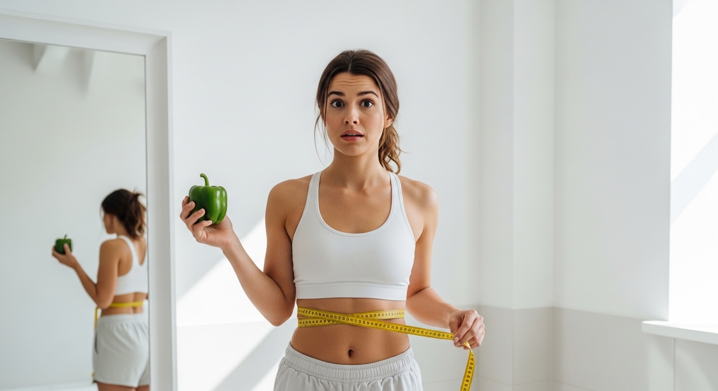 Phụ nữ hoang mang khi đo vòng eo không giảm dù áp dụng chế độ ăn toàn rau xanh thay thế tinh bột.