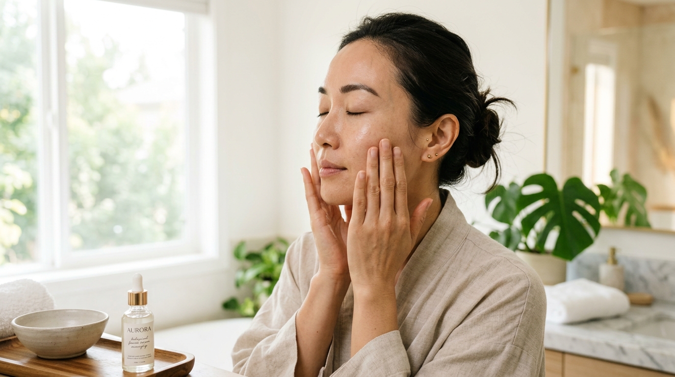 Phụ nữ nhẹ nhàng thoa và vỗ tinh chất rau má lên vùng gò má để dưỡng chất thẩm thấu sâu vào biểu bì