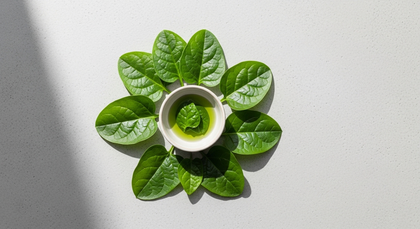 Cận cảnh lá mồng tơi tươi và bát mặt nạ tự làm, minh họa cho phương pháp làm đẹp bằng rau mồng tơi.