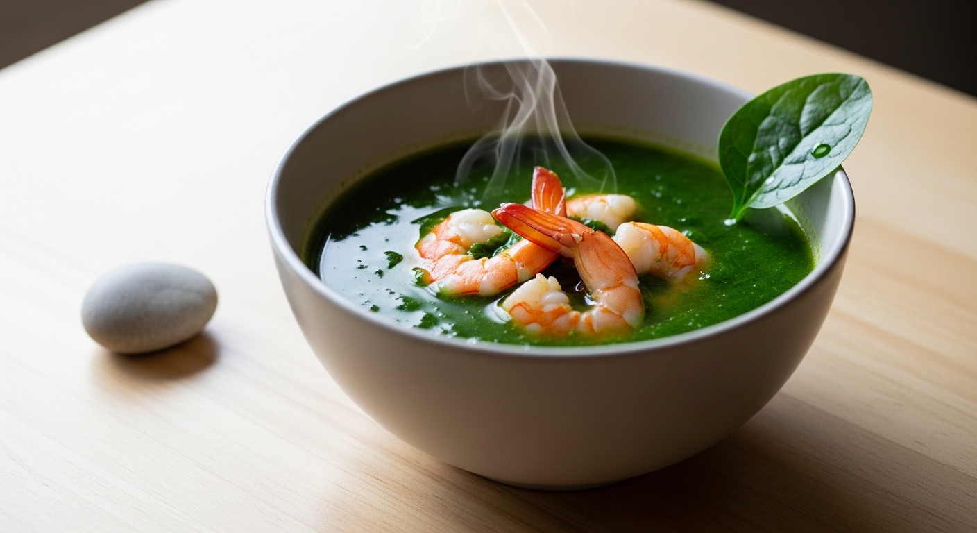 Một bát canh mồng tơi nấu tôm tươi ngon và bổ dưỡng, thể hiện cách làm đẹp da từ bên trong.