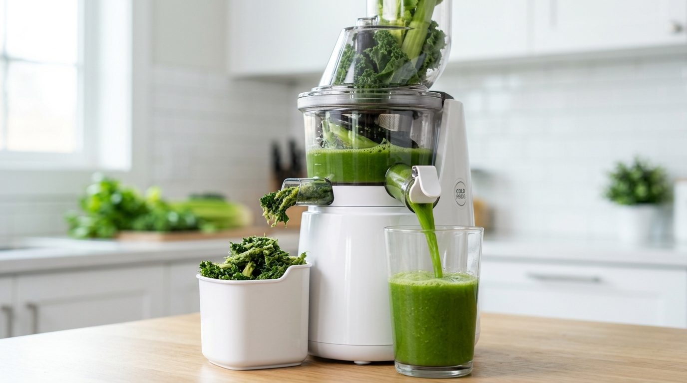 3 Công thức nước ép trẻ hóa da: Khoa học sau làn da căng bóng 8 Cận cảnh một chiếc máy ép chậm hiện đại đang ép nước từ rau củ quả, cho ra thành phẩm đậm đặc và giàu dinh dưỡng.