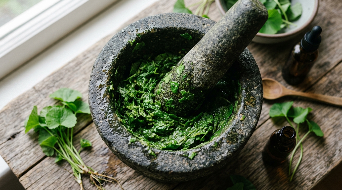 Giã nát lá rau má tươi để đắp mặt có thể tiềm ẩn rủi ro vi khuẩn và gây kích ứng cho hàng rào bảo vệ da