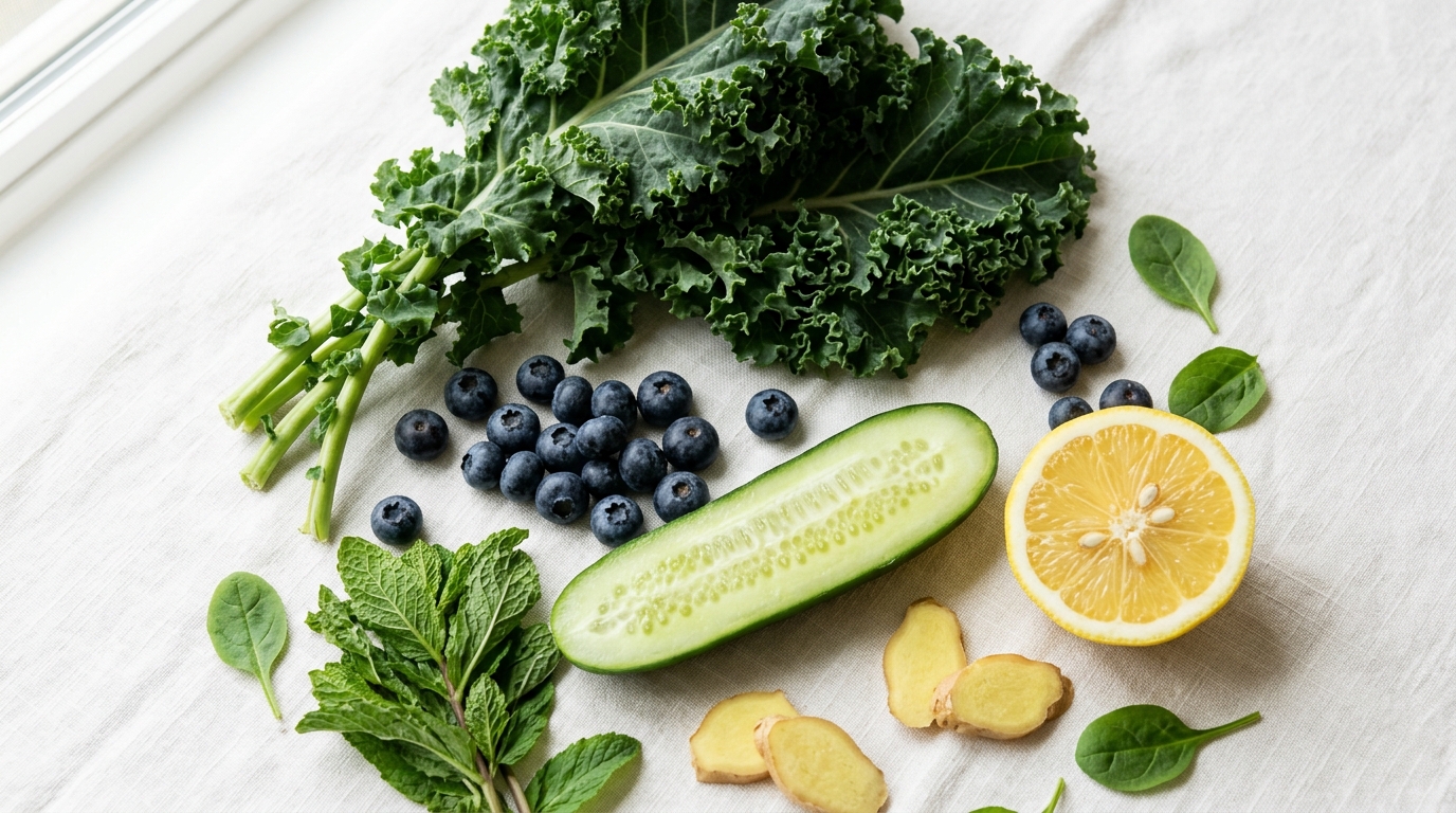 3 Công thức nước ép trẻ hóa da: Khoa học sau làn da căng bóng 7 Các nguyên liệu tươi cho công thức nước ép Radiant Sunrise, gồm cam, dâu tây, cà rốt và rau bina, được bày biện đẹp mắt.