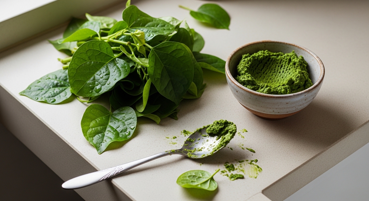 Góc bàn lộn xộn với rau mồng tơi chưa rửa và dụng cụ làm mặt nạ bẩn, minh họa sai lầm khi làm đẹp tại nhà.