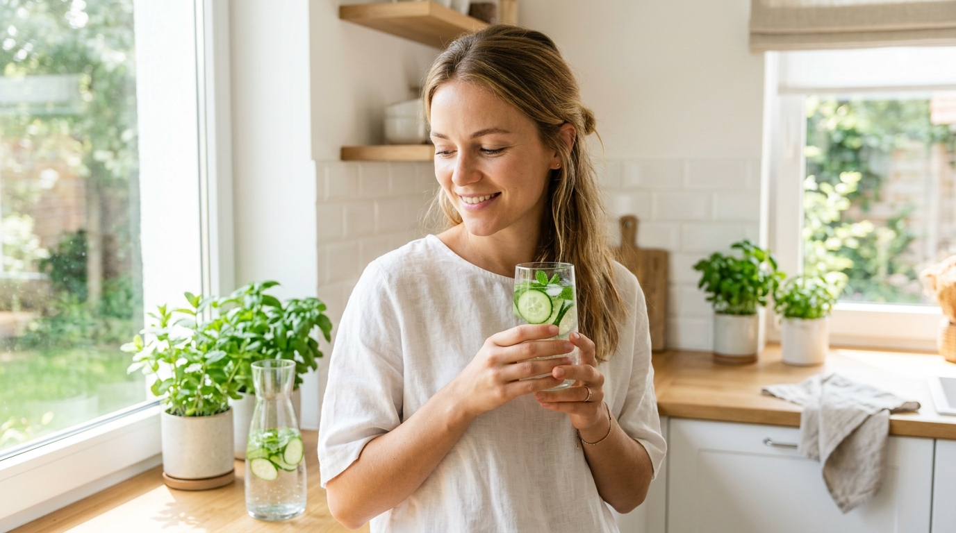 Một phụ nữ uống nước lọc để cấp ẩm đúng cách cho cơ thể, giúp đôi môi căng mọng từ bên trong.