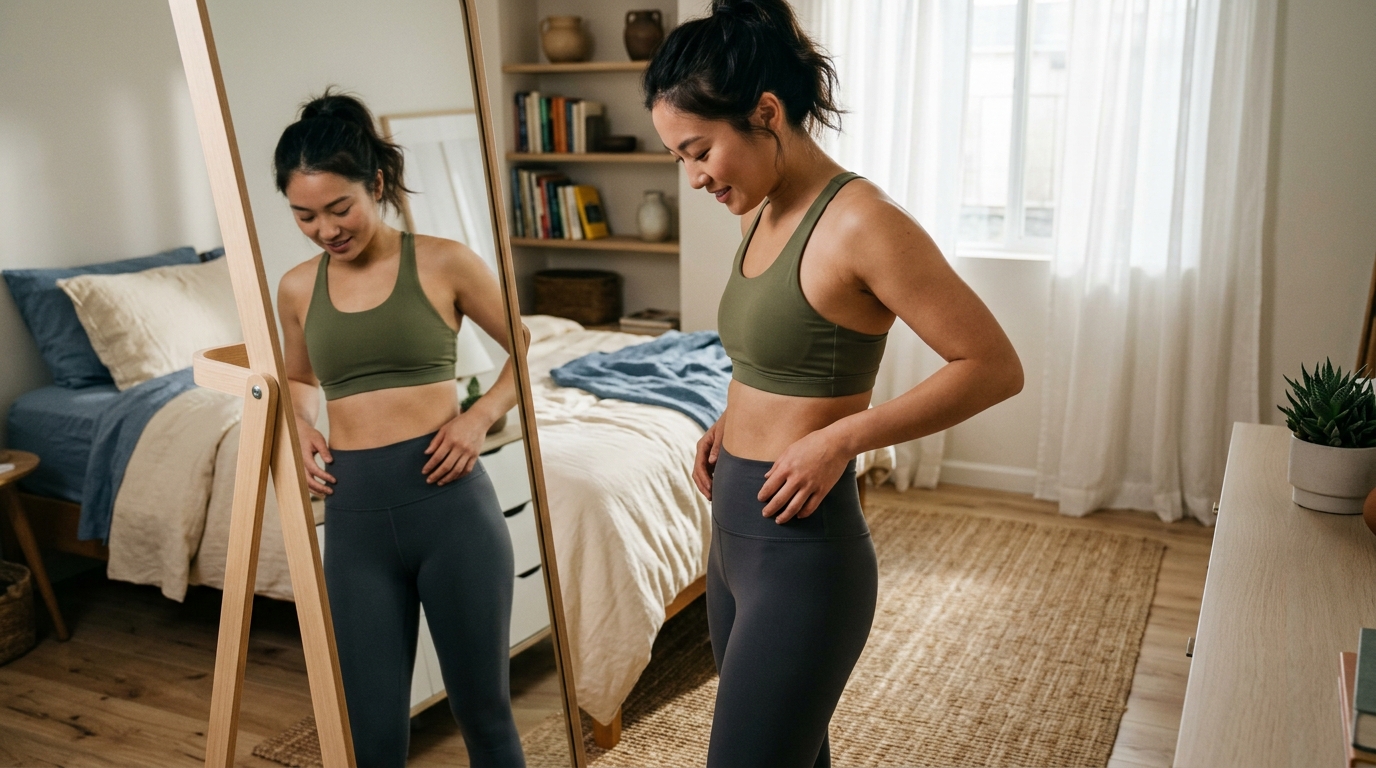 Phụ nữ ngắm nhìn vóc dáng săn chắc trong gương, một dấu hiệu tăng cơ rõ rệt khi tập luyện thay vì chỉ nhìn vào cân nặng