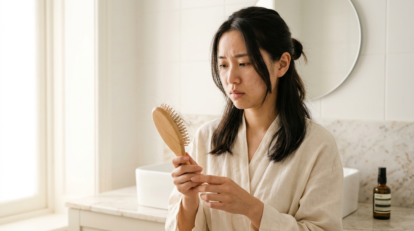 Nhận diện những thói quen gây rụng tóc thầm lặng qua hình ảnh người phụ nữ lo lắng nhìn lượng tóc rụng trên lược.