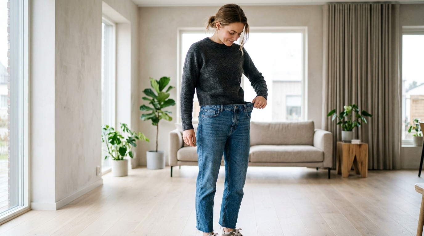 Cô gái kéo nhẹ cạp quần jeans lỏng lẻo ở vòng eo cho thấy cơ thể đã thon gọn và săn chắc hơn nhờ tập luyện