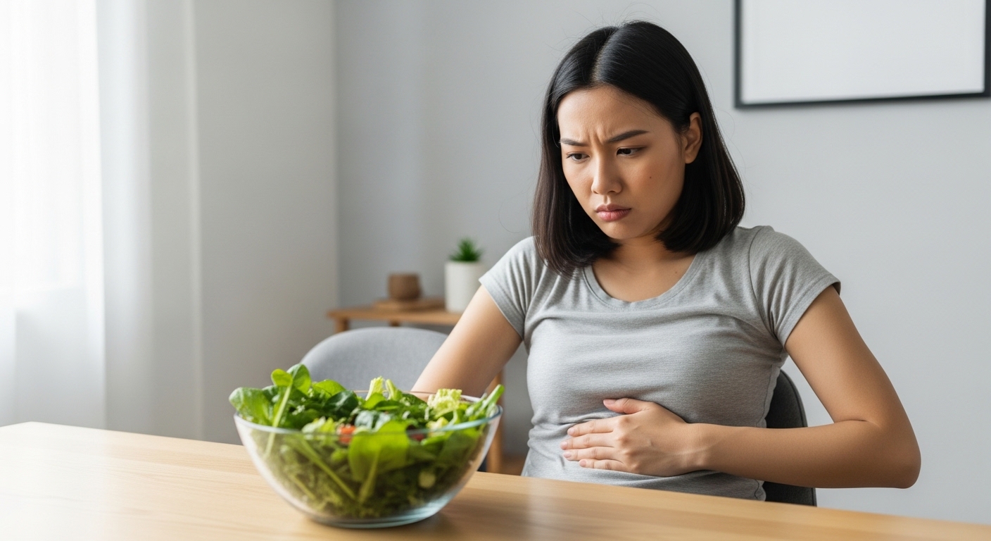 Một phụ nữ thất vọng với vòng eo dù ăn nhiều salad, minh họa cho những sai lầm khi ăn rau giảm cân khiến bụng tích mỡ.