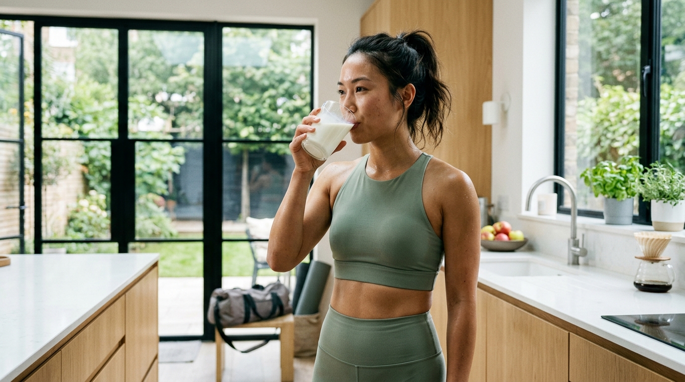 Hình ảnh cô gái uống sữa tăng cơ sau buổi tập gym để phục hồi và phát triển vóc dáng săn chắc.