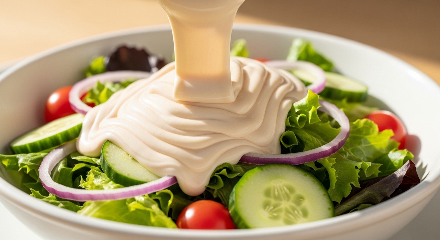 Hành động rưới nhiều sốt kem công nghiệp lên đĩa salad, một thói quen xấu làm tăng lượng calo nạp vào cơ thể.