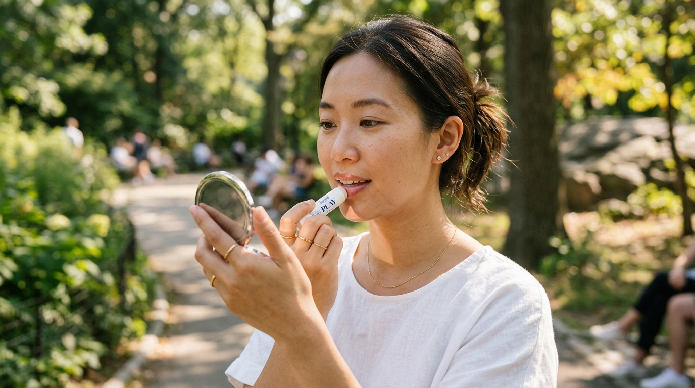 Một phụ nữ thoa son dưỡng chống nắng cho môi, nhấn mạnh tầm quan trọng của việc bảo vệ môi khỏi tia UV.