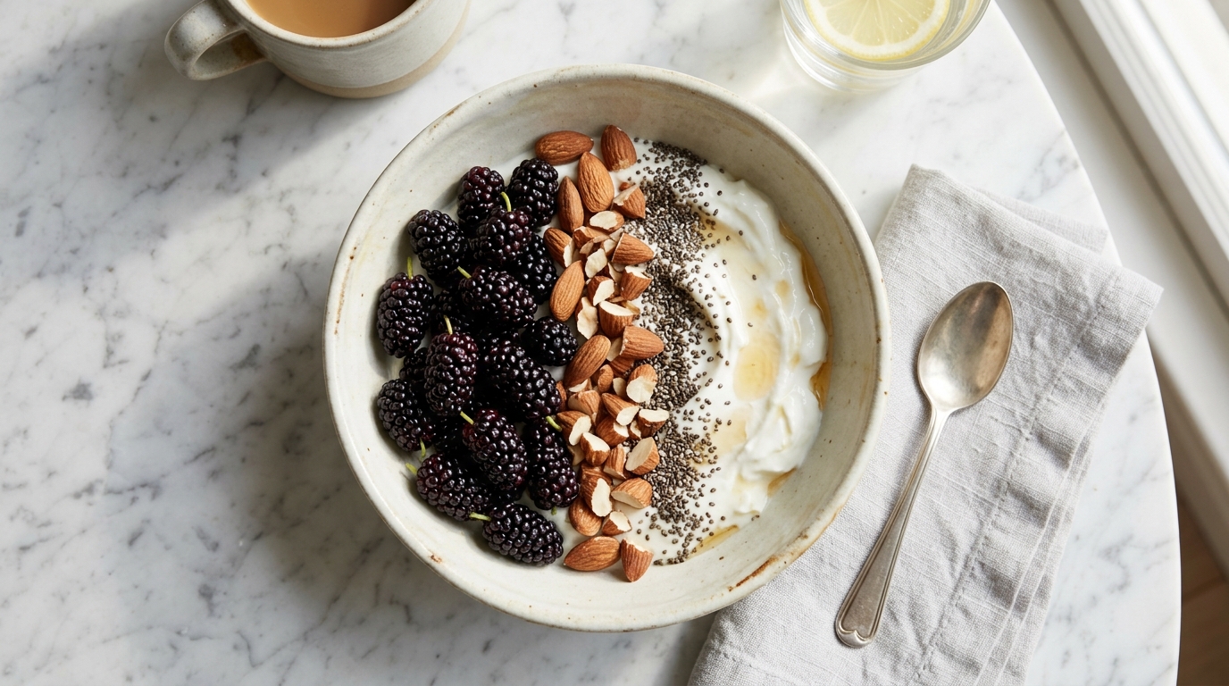 Bát sữa chua Hy Lạp kết hợp dâu tằm tươi và các loại hạt dinh dưỡng cung cấp bữa phụ ít calo tốt cho sức khỏe