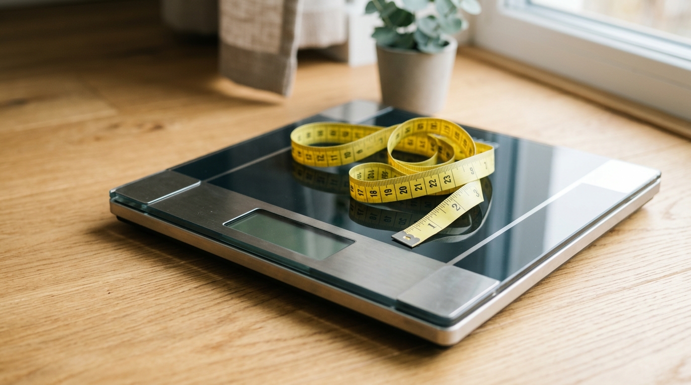 Thước dây đo cơ thể đặt trên bàn cân điện tử thể hiện việc không nên quá phụ thuộc vào cân nặng khi tập luyện