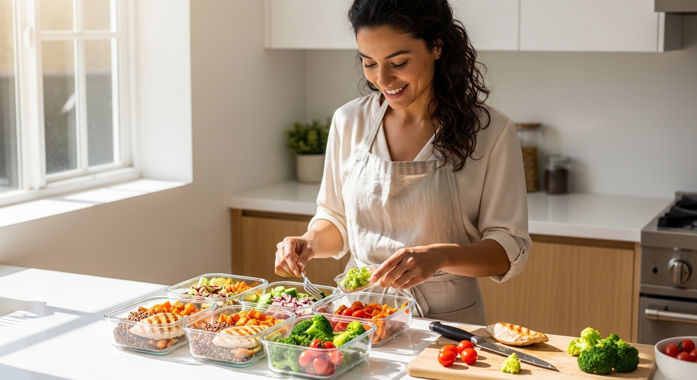 Một người phụ nữ đang chuẩn bị bữa ăn lành mạnh, thể hiện thói quen ăn uống kiểm soát cân nặng hiệu quả và bền vững.