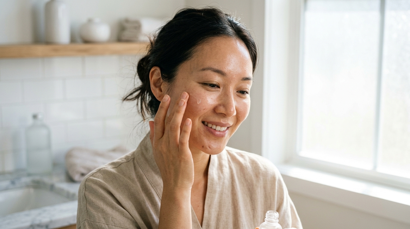 Phụ nữ với làn da khỏe mạnh tự nhiên đang áp dụng quy trình chăm sóc da khoa học không xâm lấn với các dưỡng chất an toàn