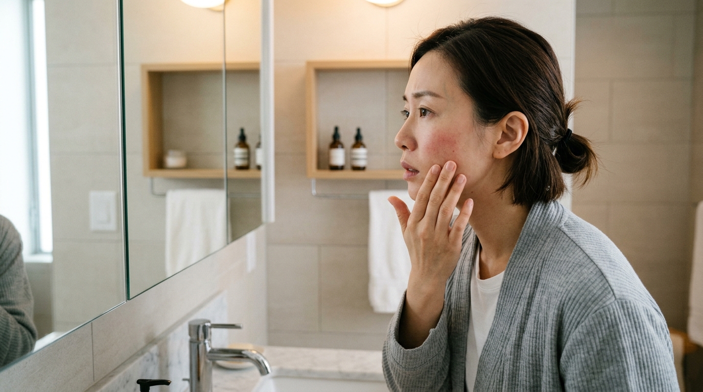 Hình ảnh người phụ nữ lo lắng khi kiểm tra da mặt trong gương phản ánh nguy cơ biến chứng căng chỉ sau thủ thuật thẩm mỹ không an toàn